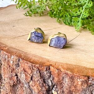 Raw Druzy Rough Amethyst Stone Handcrafted Gold Plated Wrapped Stud Earrings